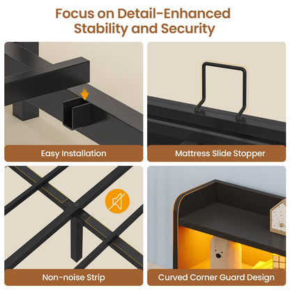 Hasuit | Corner Bed Frame with Storage Drawers and Bookcase Full Size Convertible Bed Frame with Power Outlet and LED Lights