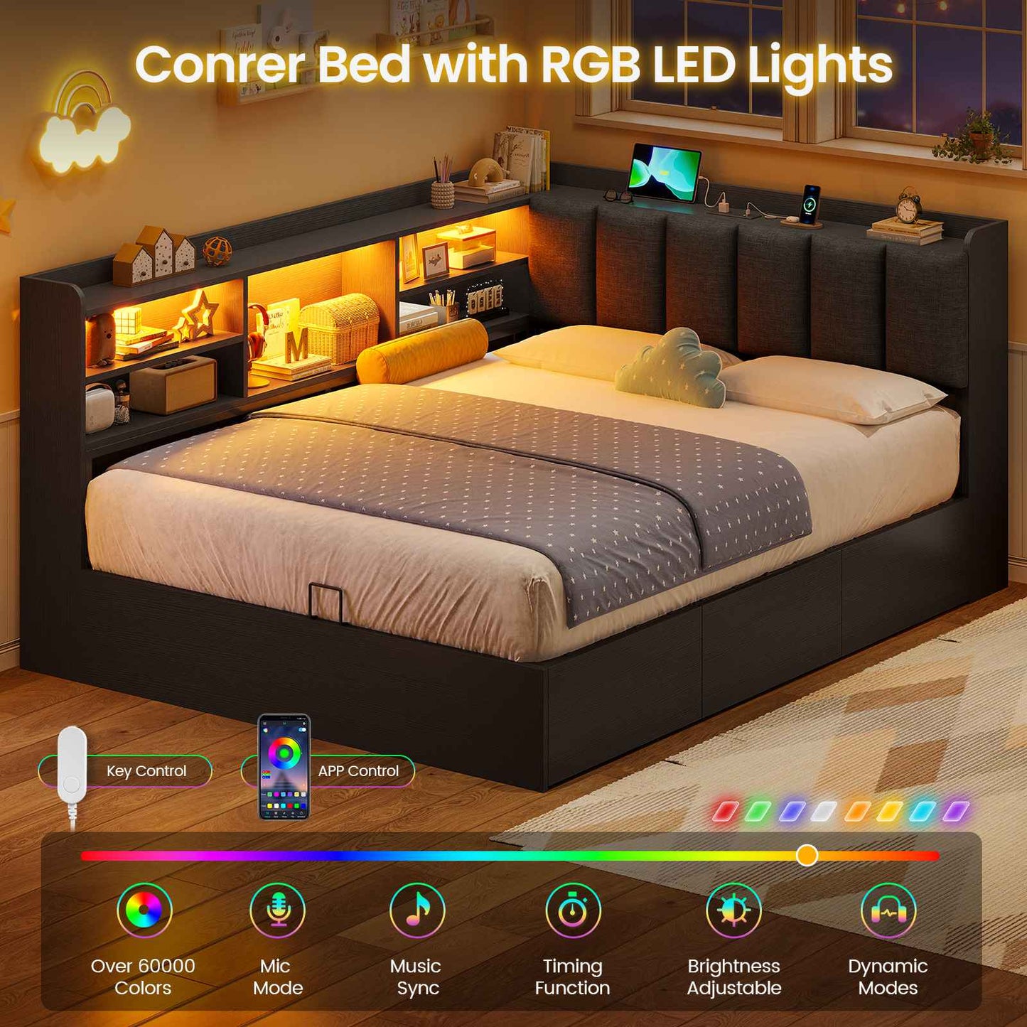 Hasuit | Corner Bed Frame with Storage Drawers and Bookcase Full Size Convertible Bed Frame with Power Outlet and LED Lights