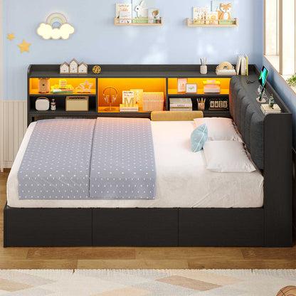 Hasuit | Corner Bed Frame with Storage Drawers and Bookcase Full Size Convertible Bed Frame with Power Outlet and LED Lights
