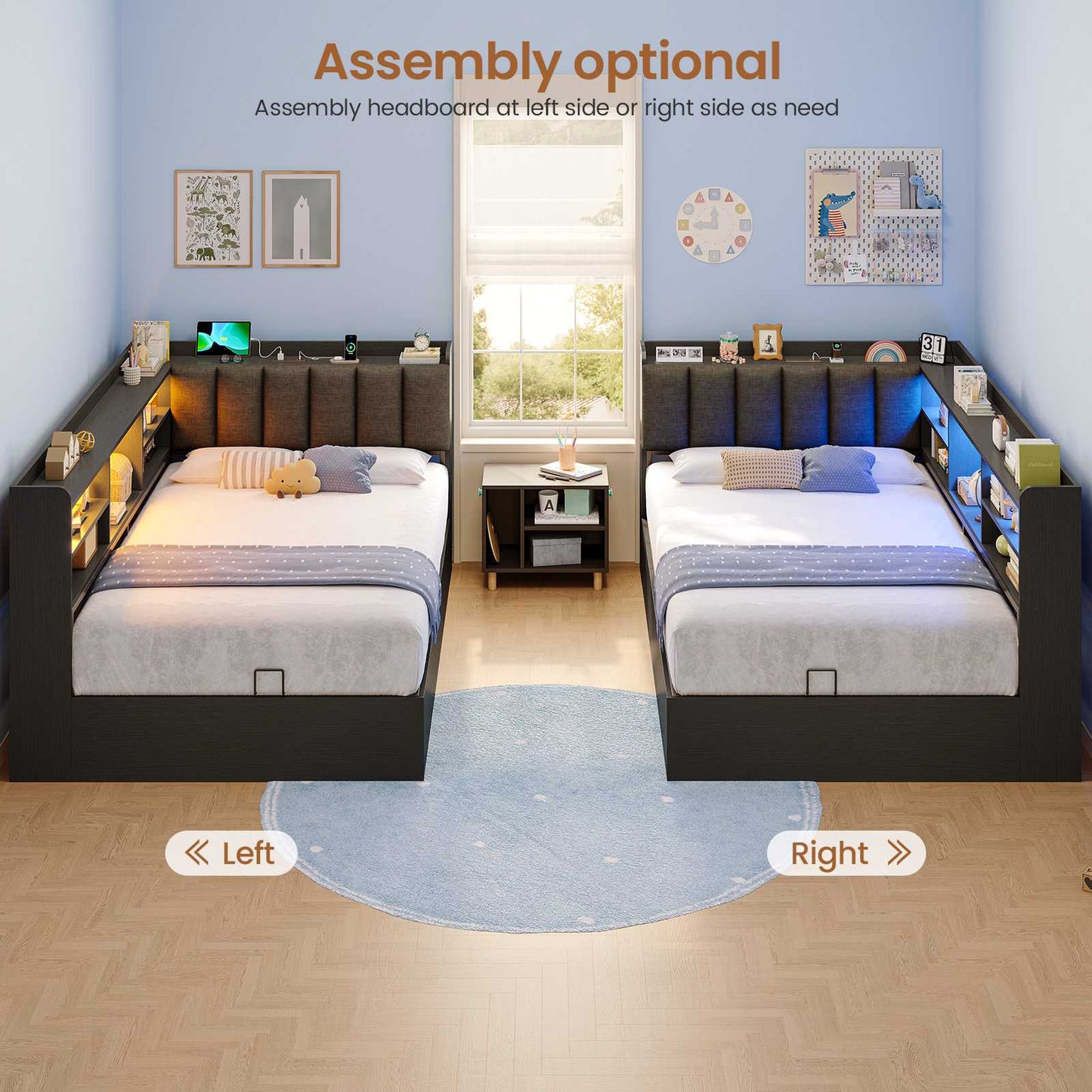 Hasuit | Corner Bed Frame with Storage Drawers and Bookcase Convertible Bed Frame with Power Outlet and LED Lights