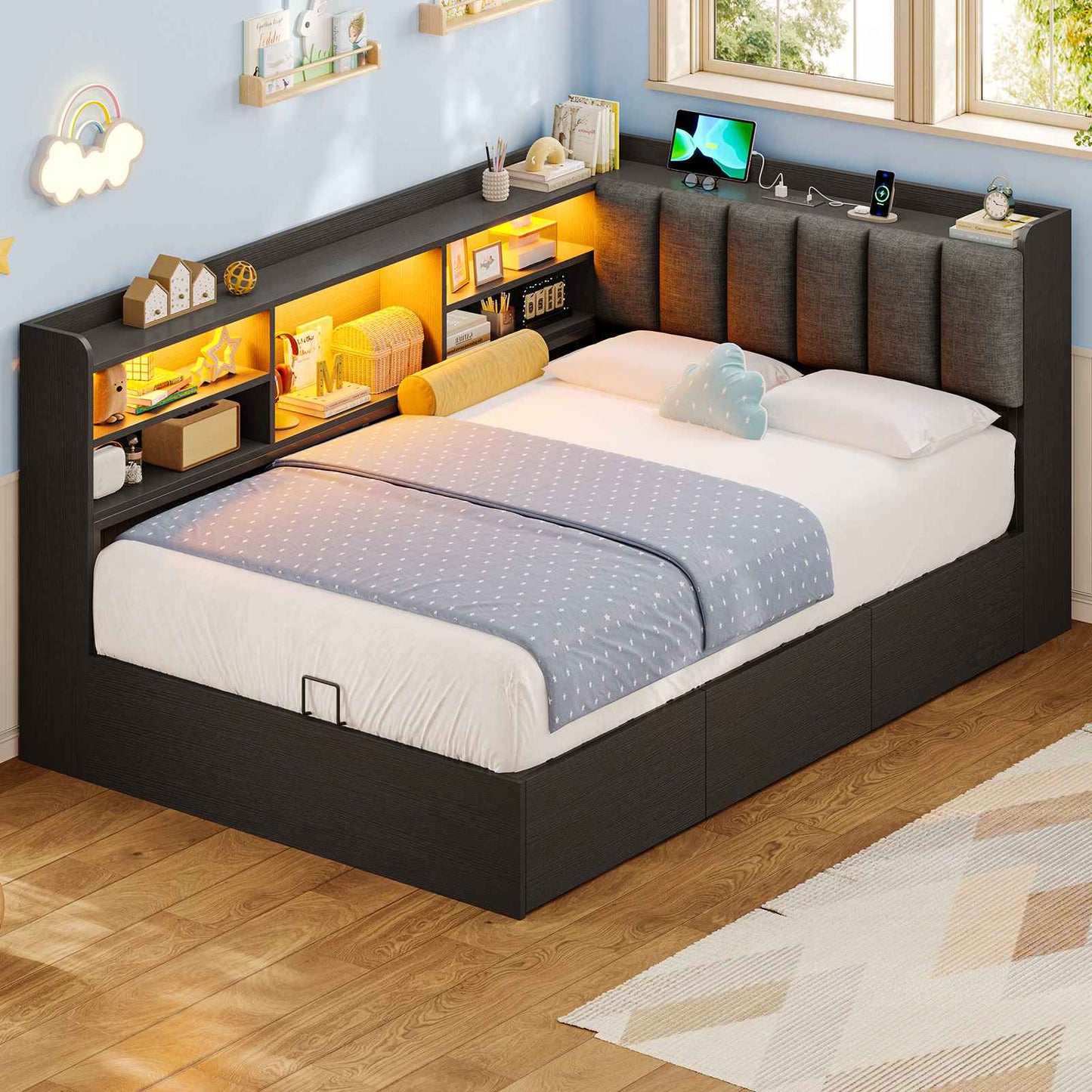Hasuit | Corner Bed Frame with Storage Drawers and Bookcase Convertible Bed Frame with Power Outlet and LED Lights