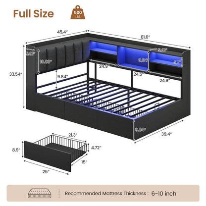 Hasuit | Corner Bed Frame with Storage Drawers and Bookcase Convertible Bed Frame with Power Outlet and LED Lights