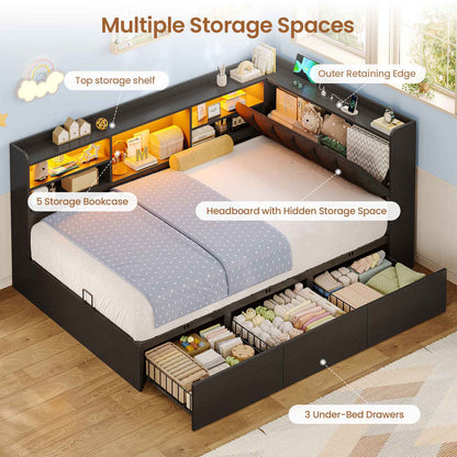 Hasuit | Corner Bed Frame with Storage Drawers and Bookcase Convertible Bed Frame with Power Outlet and LED Lights