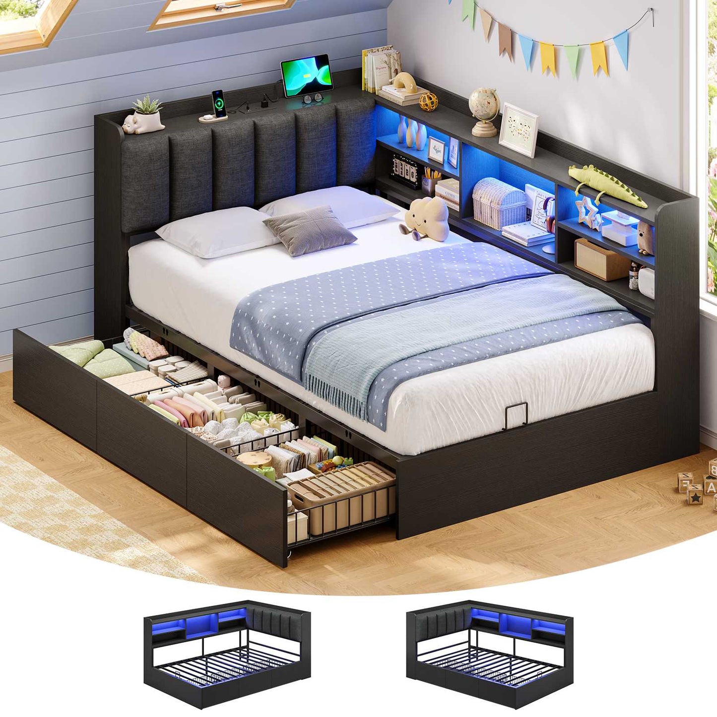 Hasuit | Corner Bed Frame with Storage Drawers and Bookcase Convertible Bed Frame with Power Outlet and LED Lights