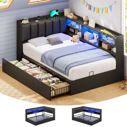Hasuit | Corner Bed Frame with Storage Drawers and Bookcase Convertible Bed Frame with Power Outlet and LED Lights