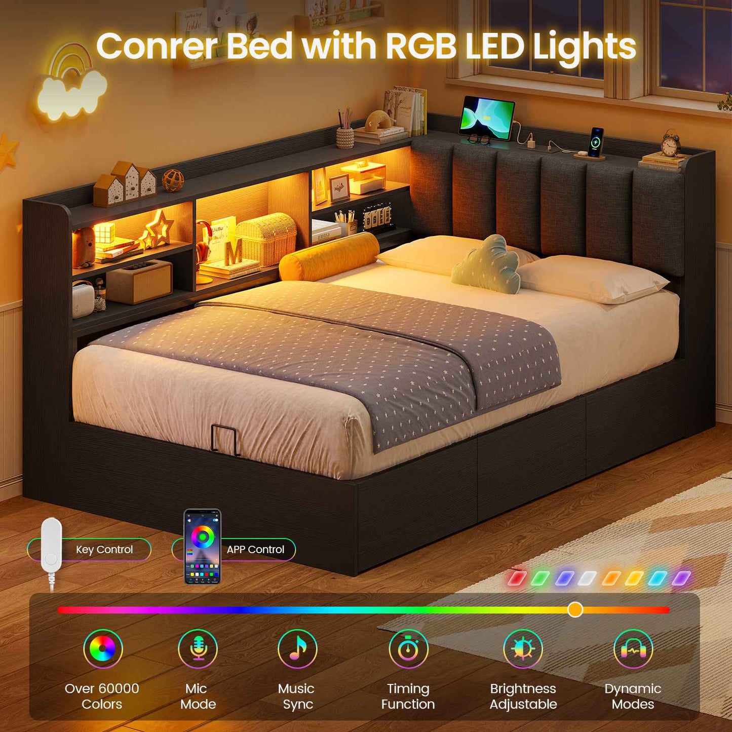 Hasuit | Corner Bed Frame with Storage Drawers and Bookcase Convertible Bed Frame with Power Outlet and LED Lights