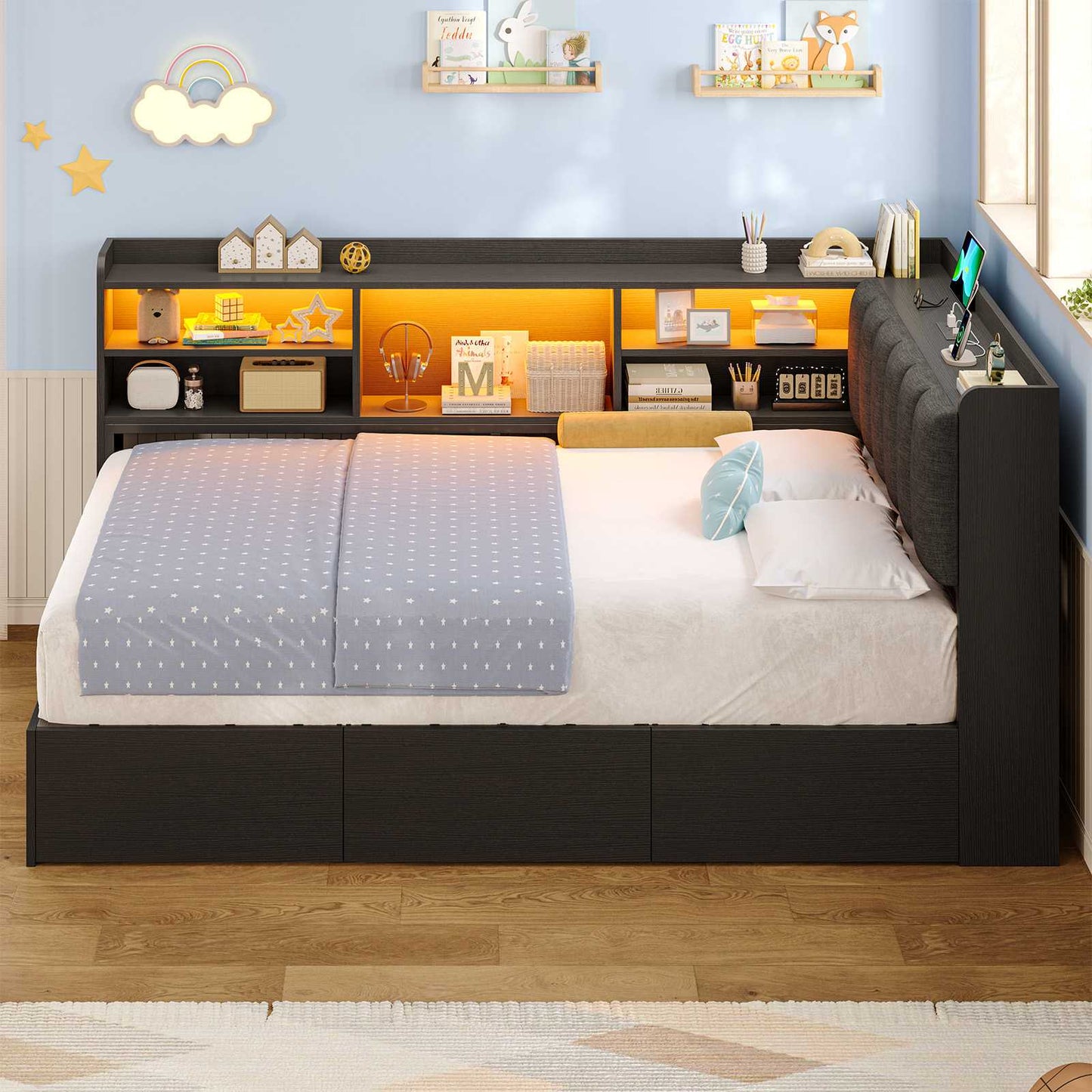 Hasuit | Corner Bed Frame with Storage Drawers and Bookcase Convertible Bed Frame with Power Outlet and LED Lights