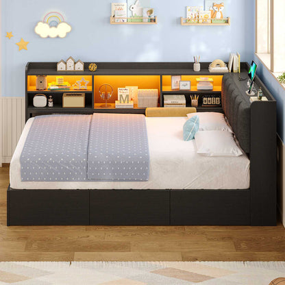 Hasuit | Corner Bed Frame with Storage Drawers and Bookcase Convertible Bed Frame with Power Outlet and LED Lights