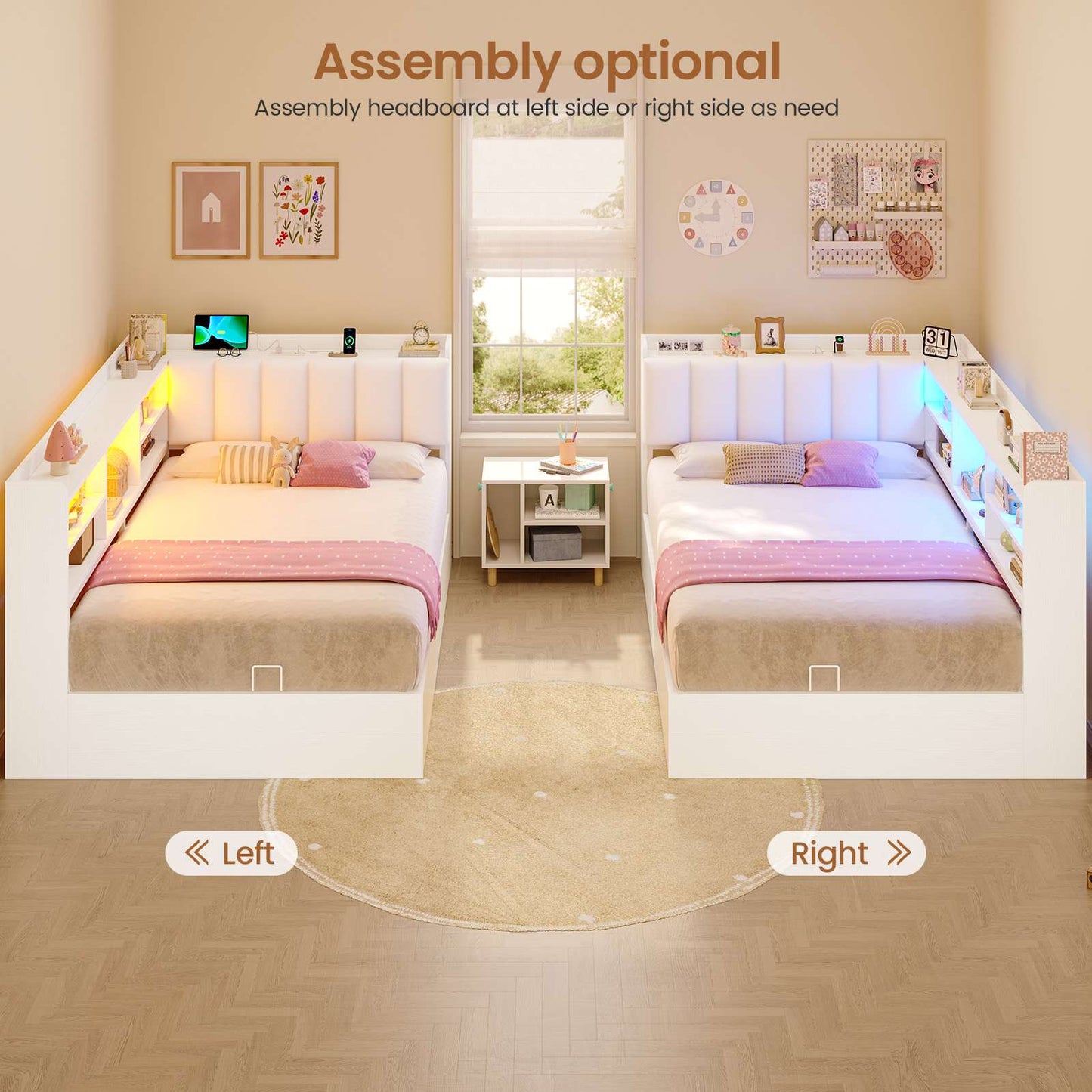Hasuit | Corner Bed Frame with Storage Drawers and Bookcase Convertible Bed Frame with Power Outlet and LED Lights