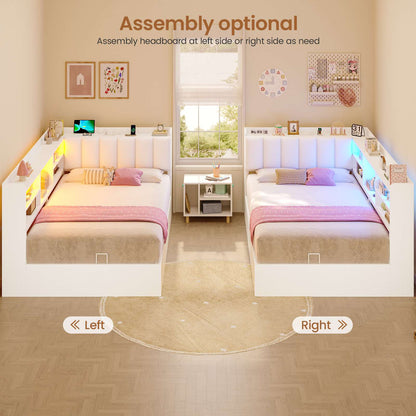 Hasuit | Corner Bed Frame with Storage Drawers and Bookcase Convertible Bed Frame with Power Outlet and LED Lights