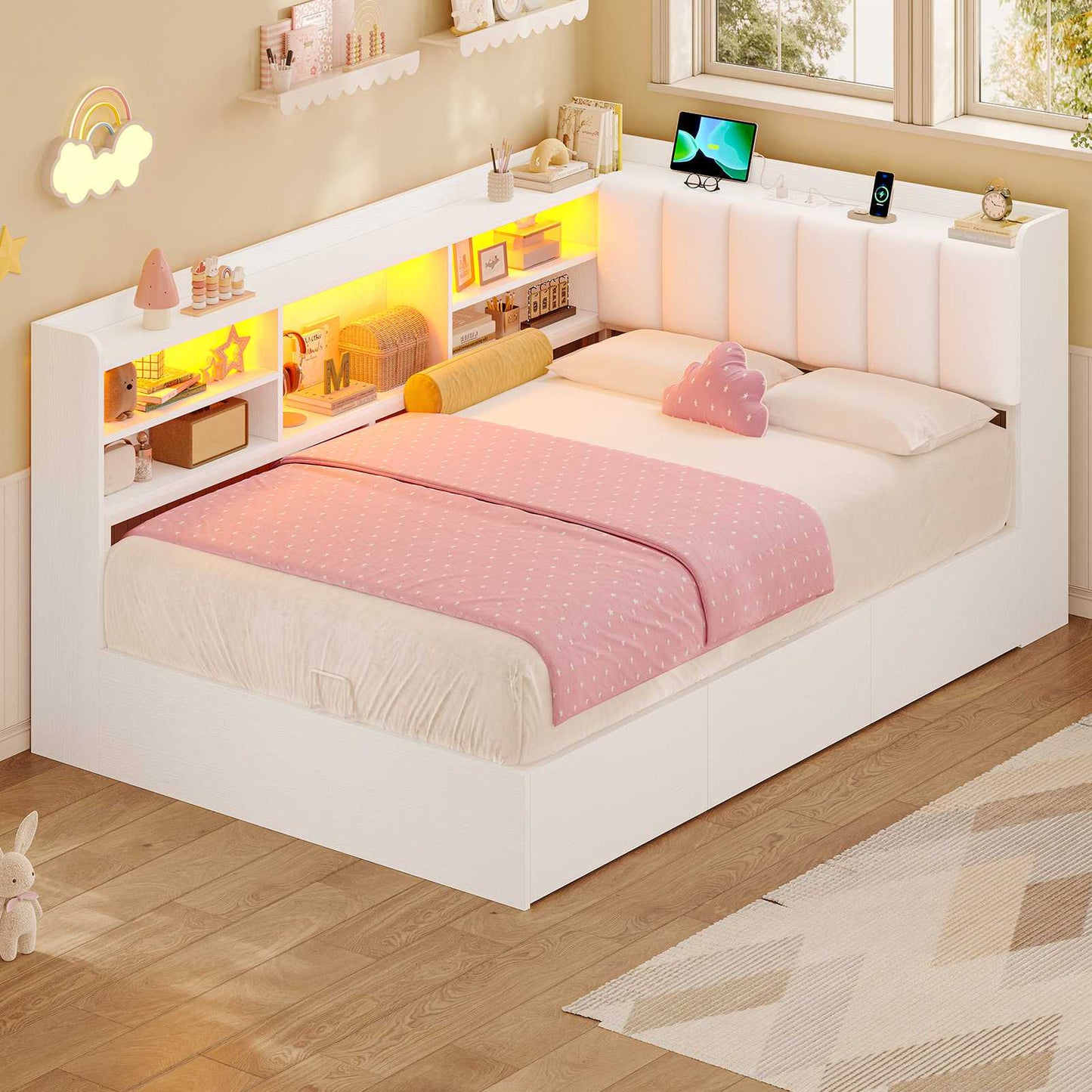 Hasuit | Corner Bed Frame with Storage Drawers and Bookcase Convertible Bed Frame with Power Outlet and LED Lights