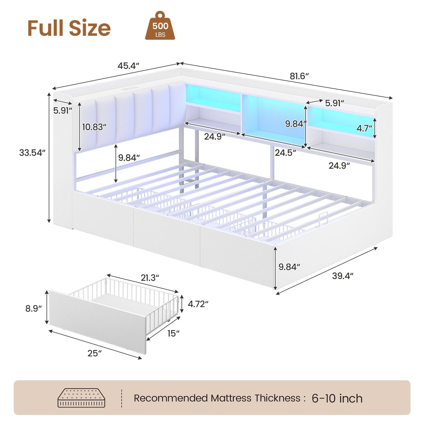 Hasuit | Corner Bed Frame with Storage Drawers and Bookcase Convertible Bed Frame with Power Outlet and LED Lights