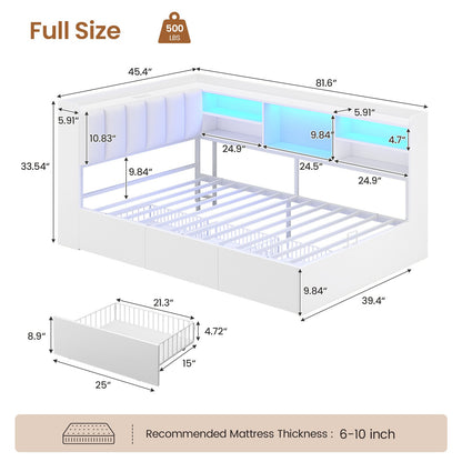 Hasuit | Corner Bed Frame with Storage Drawers and Bookcase Convertible Bed Frame with Power Outlet and LED Lights