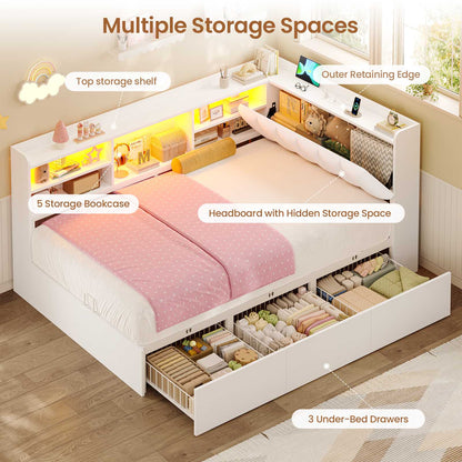 Hasuit | Corner Bed Frame with Storage Drawers and Bookcase Convertible Bed Frame with Power Outlet and LED Lights