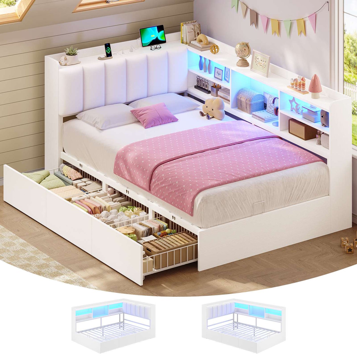 Hasuit | Corner Bed Frame with Storage Drawers and Bookcase Convertible Bed Frame with Power Outlet and LED Lights