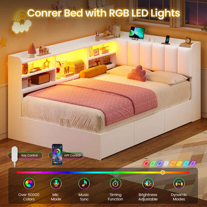 Hasuit | Corner Bed Frame with Storage Drawers and Bookcase Convertible Bed Frame with Power Outlet and LED Lights