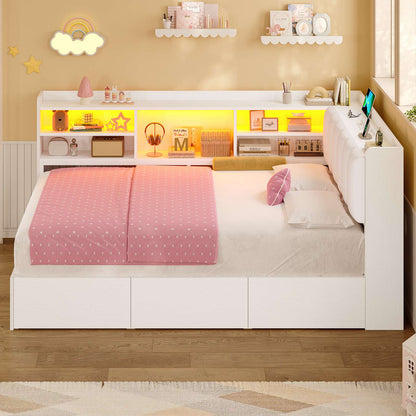 Hasuit | Corner Bed Frame with Storage Drawers and Bookcase Convertible Bed Frame with Power Outlet and LED Lights