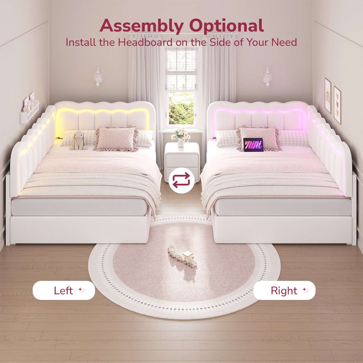 Hasuit | Corner Bed Frame with Storage Drawers and Power Outlets Velvet Upholstered Princess Bed with Adjustable Wavy Headboard and Guardrails Beige