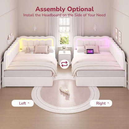 Hasuit | Corner Bed Frame with Storage Drawers and Power Outlets Velvet Upholstered Princess Bed with Adjustable Wavy Headboard and Guardrails Beige
