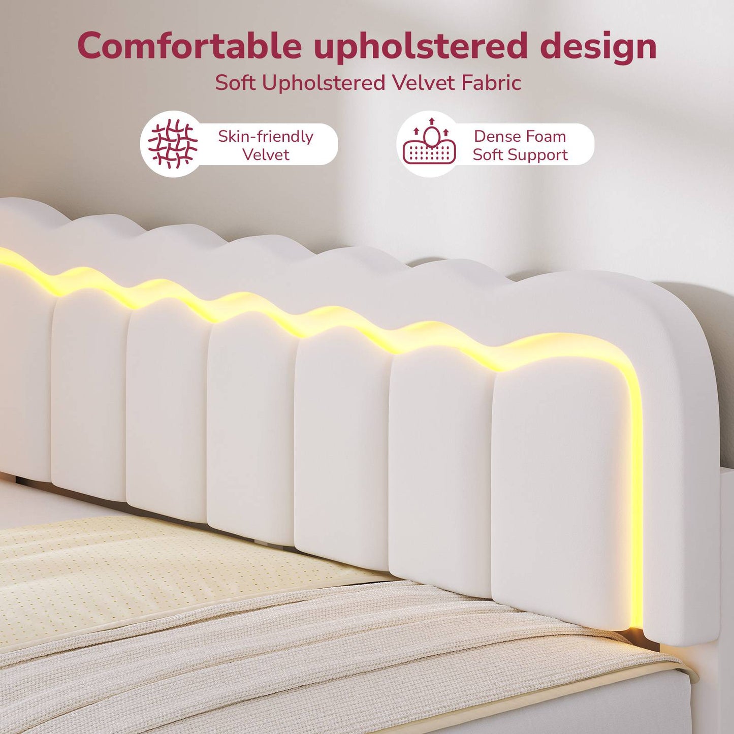 Hasuit | Corner Bed Frame with Storage Drawers and Power Outlets Velvet Upholstered Princess Bed with Adjustable Wavy Headboard and Guardrails Beige