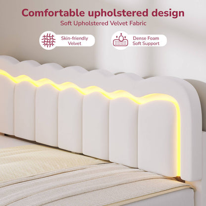 Hasuit | Corner Bed Frame with Storage Drawers and Power Outlets Velvet Upholstered Princess Bed with Adjustable Wavy Headboard and Guardrails Beige