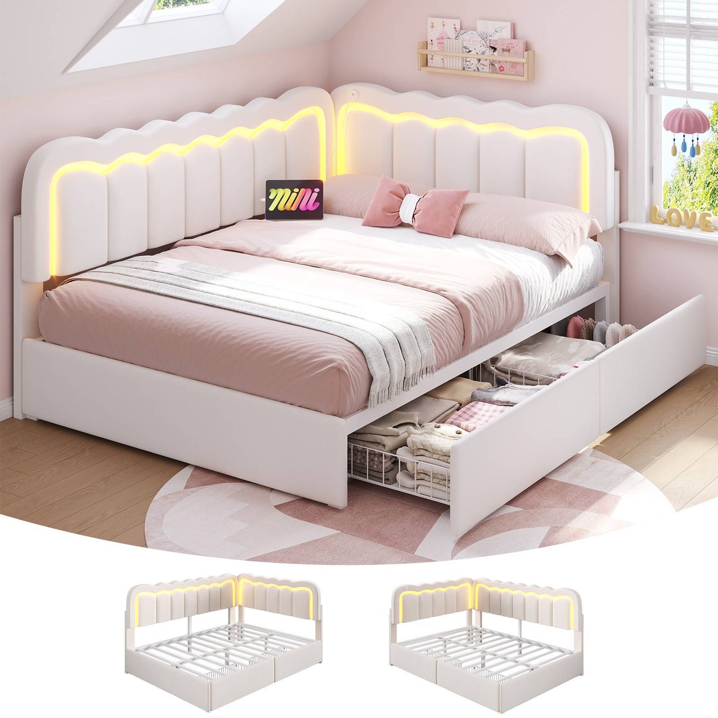 Hasuit | Corner Bed Frame with Storage Drawers and Power Outlets Velvet Upholstered Princess Bed with Adjustable Wavy Headboard and Guardrails Beige