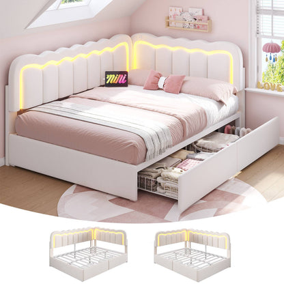 Hasuit | Corner Bed Frame with Storage Drawers and Power Outlets Velvet Upholstered Princess Bed with Adjustable Wavy Headboard and Guardrails Beige