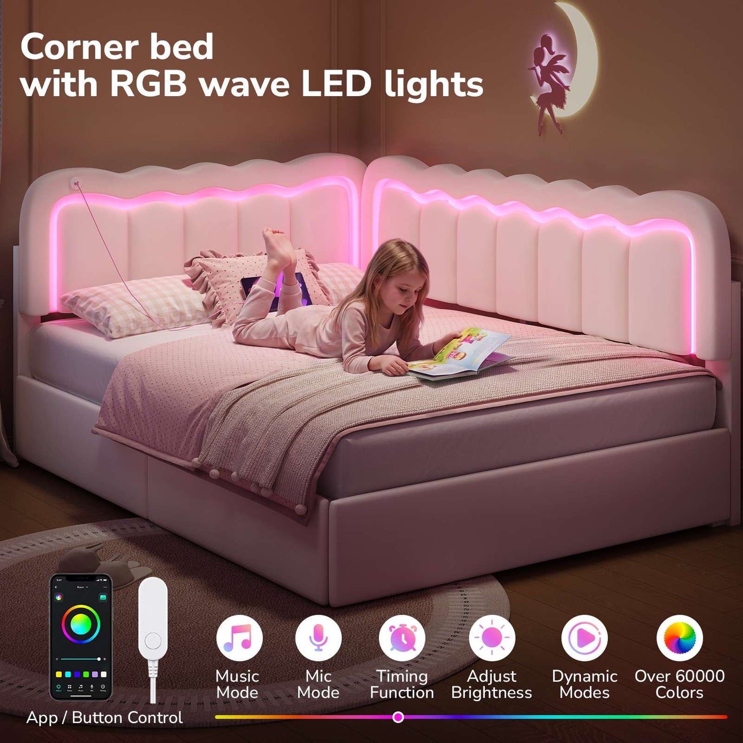 Hasuit | Corner Bed Frame with Storage Drawers and Power Outlets Velvet Upholstered Princess Bed with Adjustable Wavy Headboard and Guardrails Beige