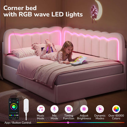 Hasuit | Corner Bed Frame with Storage Drawers and Power Outlets Velvet Upholstered Princess Bed with Adjustable Wavy Headboard and Guardrails Beige