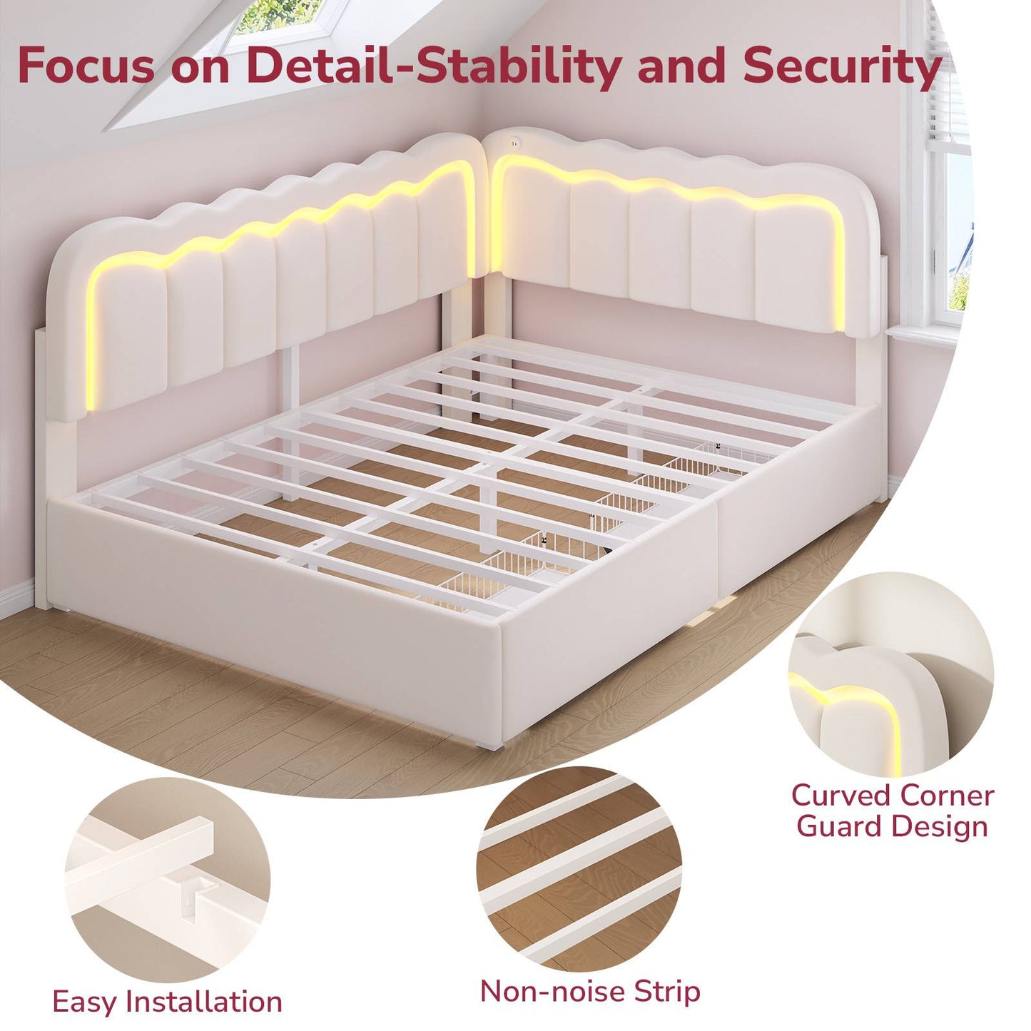 Hasuit | Corner Bed Frame with Storage Drawers and Power Outlets Velvet Upholstered Princess Bed with Adjustable Wavy Headboard and Guardrails Beige