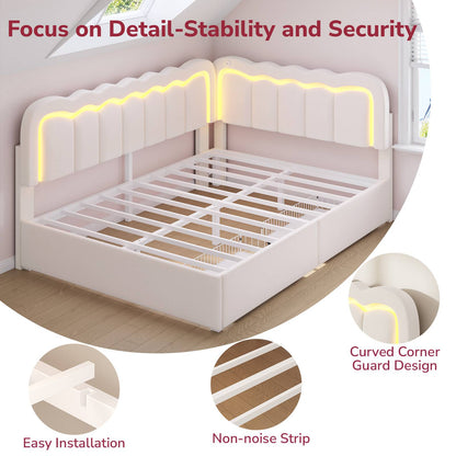 Hasuit | Corner Bed Frame with Storage Drawers and Power Outlets Velvet Upholstered Princess Bed with Adjustable Wavy Headboard and Guardrails Beige