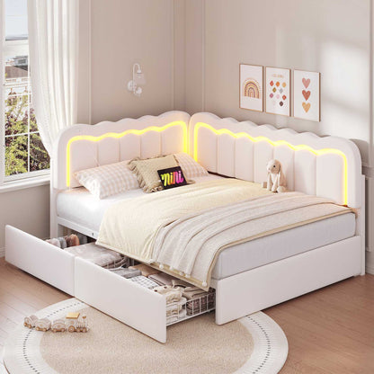 Hasuit | Corner Bed Frame with Storage Drawers and Power Outlets Velvet Upholstered Princess Bed with Adjustable Wavy Headboard and Guardrails Beige