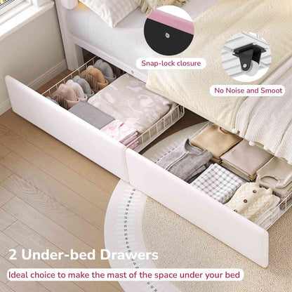 Hasuit | Corner Bed Frame with Storage Drawers and Power Outlets Velvet Upholstered Princess Bed with Adjustable Wavy Headboard and Guardrails Beige