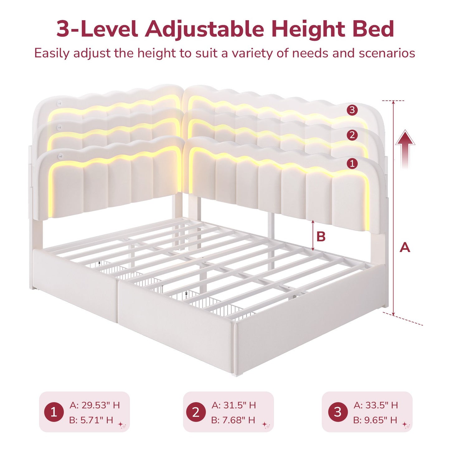 Hasuit | Corner Bed Frame with Storage Drawers and Power Outlets Velvet Upholstered Princess Bed with Adjustable Wavy Headboard and Guardrails Beige