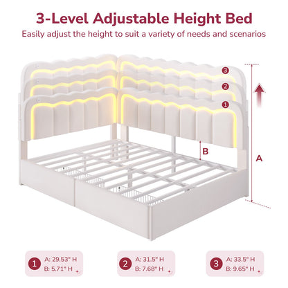 Hasuit | Corner Bed Frame with Storage Drawers and Power Outlets Velvet Upholstered Princess Bed with Adjustable Wavy Headboard and Guardrails Beige