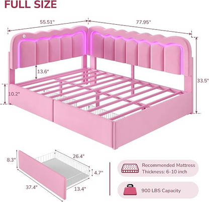 Hasuit | Corner Bed Frame with Storage Drawers and Power Outlets Velvet Upholstered Princess Bed with Adjustable Wavy Headboard and Guardrails