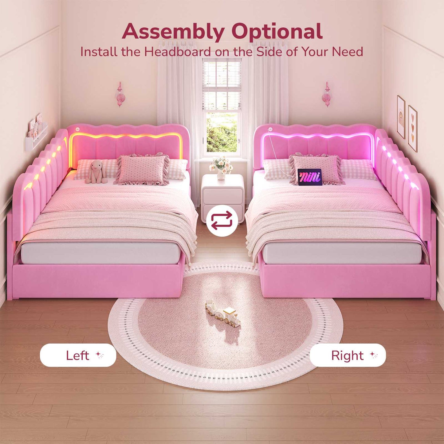 Hasuit | Corner Bed Frame with Storage Drawers and Power Outlets Velvet Upholstered Princess Bed with Adjustable Wavy Headboard and Guardrails