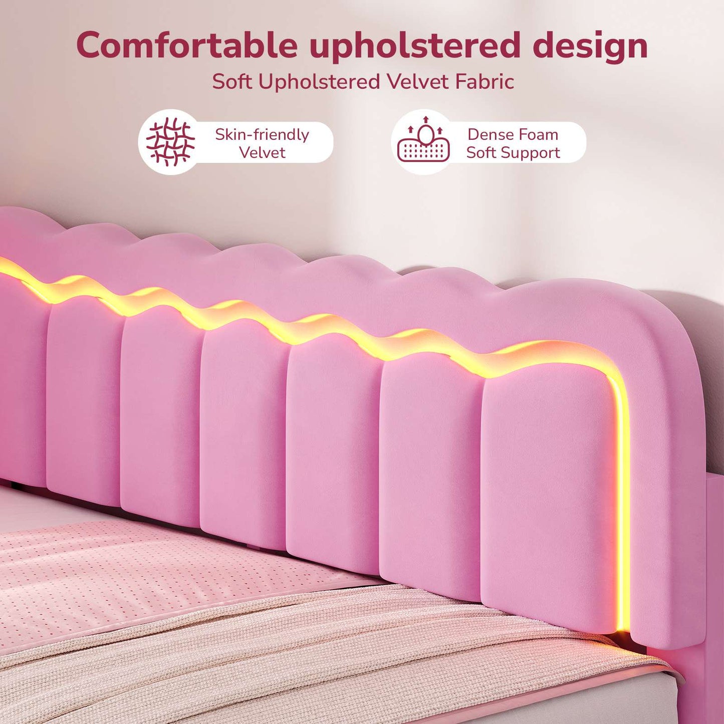 Hasuit | Corner Bed Frame with Storage Drawers and Power Outlets Velvet Upholstered Princess Bed with Adjustable Wavy Headboard and Guardrails