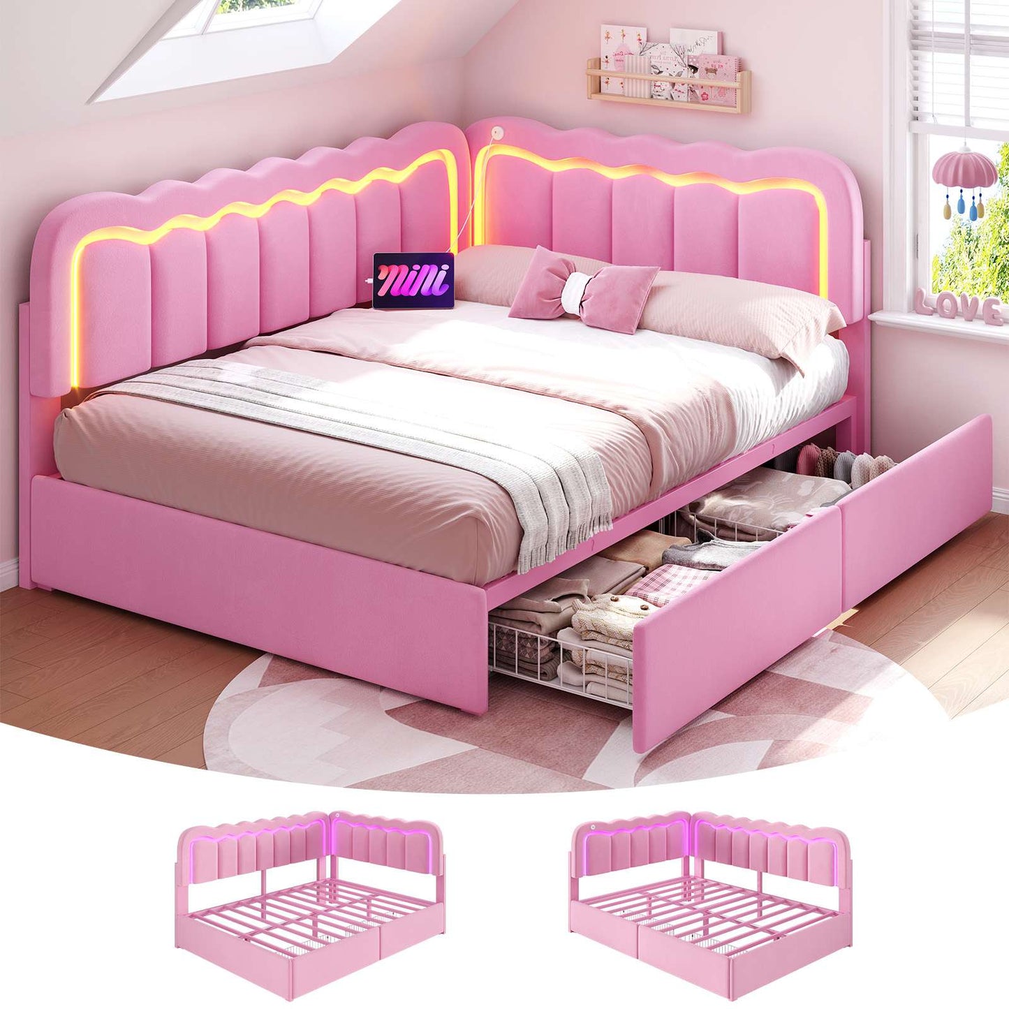 Hasuit | Corner Bed Frame with Storage Drawers and Power Outlets Velvet Upholstered Princess Bed with Adjustable Wavy Headboard and Guardrails