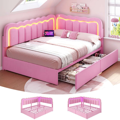 Hasuit | Corner Bed Frame with Storage Drawers and Power Outlets Velvet Upholstered Princess Bed with Adjustable Wavy Headboard and Guardrails