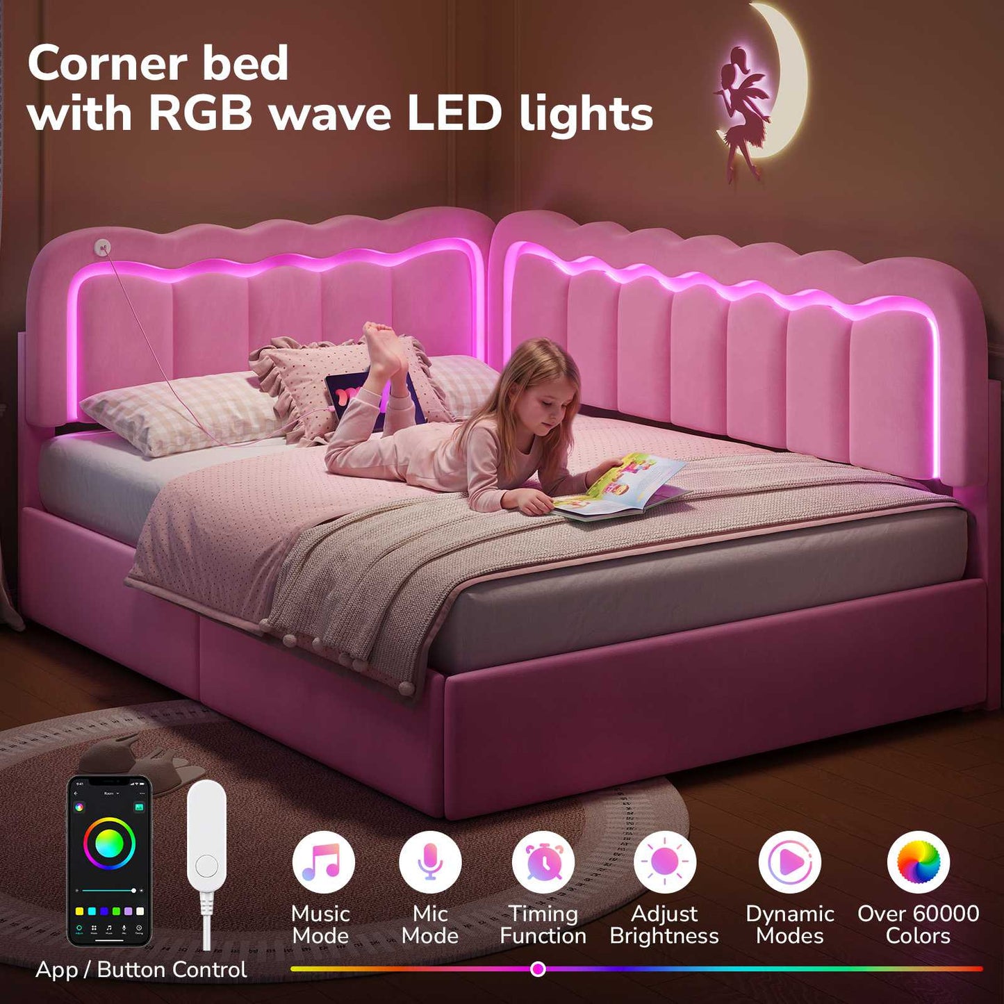 Hasuit | Corner Bed Frame with Storage Drawers and Power Outlets Velvet Upholstered Princess Bed with Adjustable Wavy Headboard and Guardrails