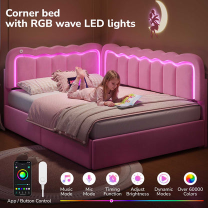 Hasuit | Corner Bed Frame with Storage Drawers and Power Outlets Velvet Upholstered Princess Bed with Adjustable Wavy Headboard and Guardrails