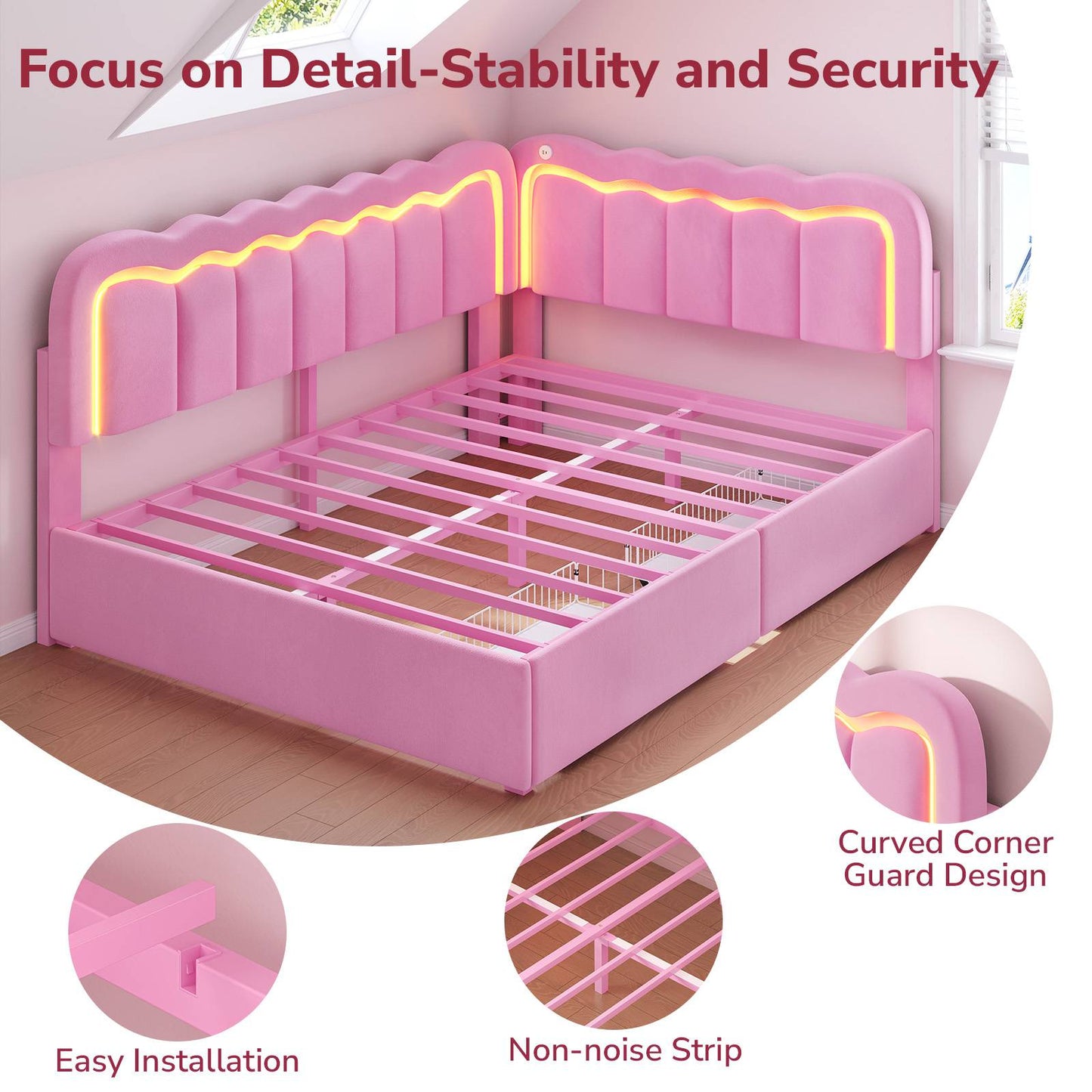 Hasuit | Corner Bed Frame with Storage Drawers and Power Outlets Velvet Upholstered Princess Bed with Adjustable Wavy Headboard and Guardrails
