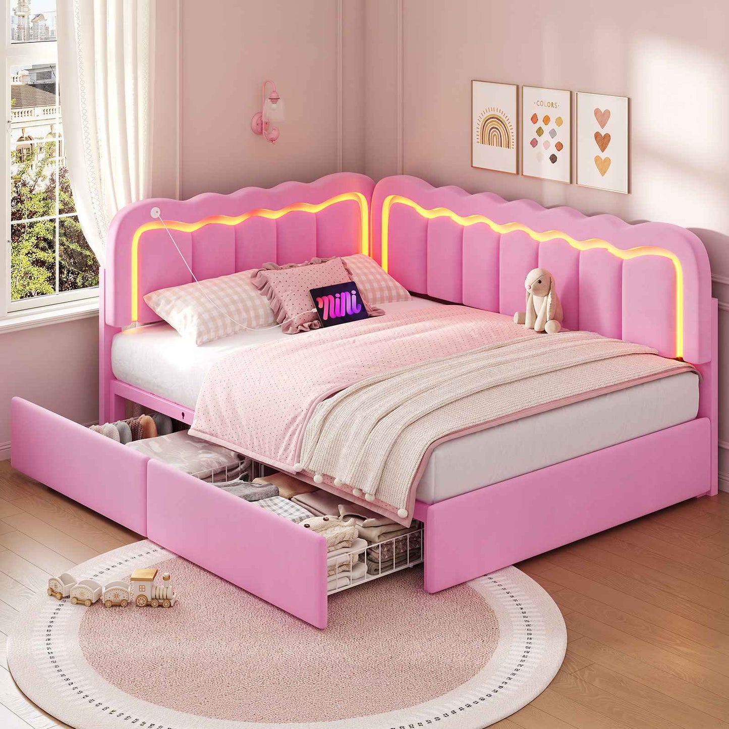 Hasuit | Corner Bed Frame with Storage Drawers and Power Outlets Velvet Upholstered Princess Bed with Adjustable Wavy Headboard and Guardrails