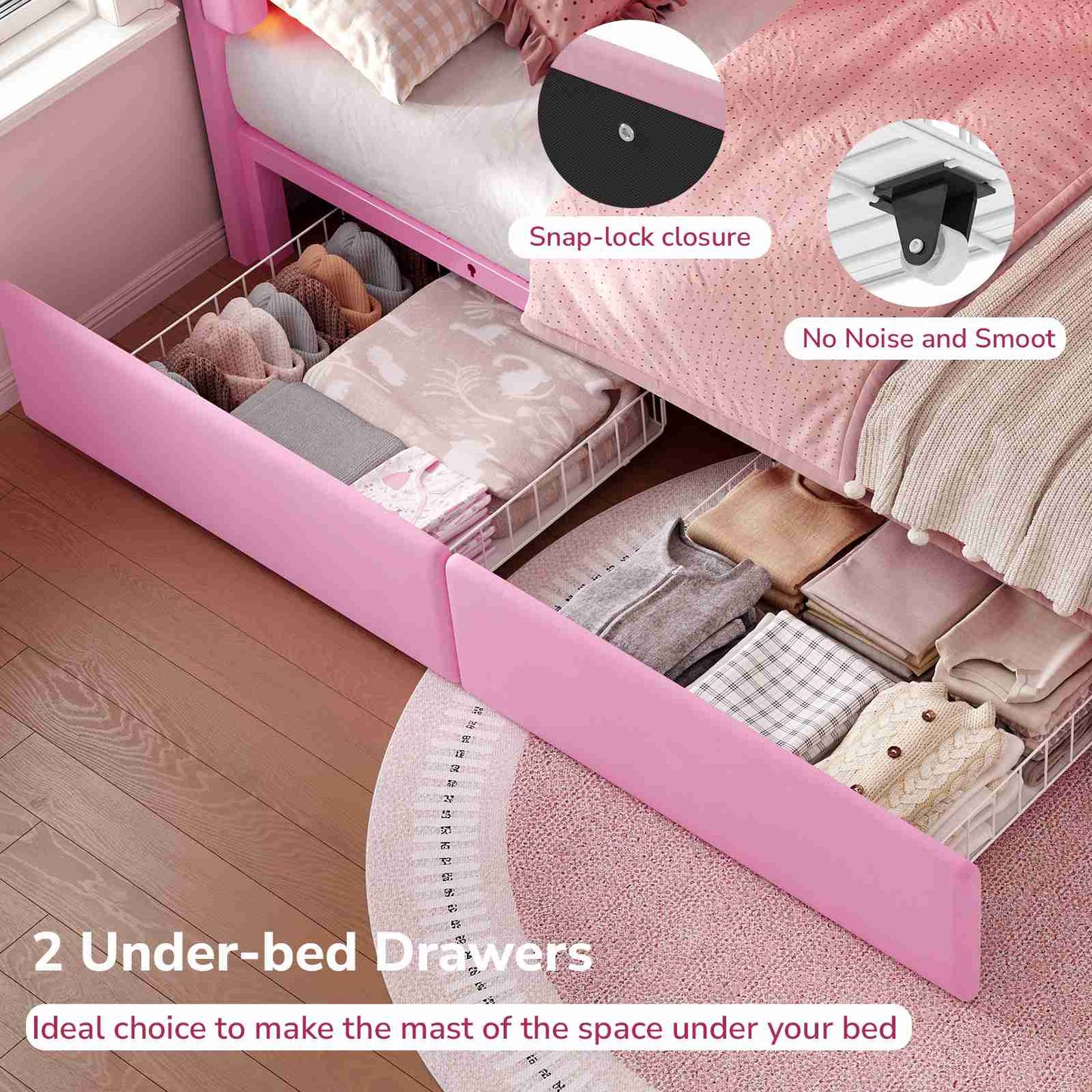 Hasuit | Corner Bed Frame with Storage Drawers and Power Outlets Velvet Upholstered Princess Bed with Adjustable Wavy Headboard and Guardrails