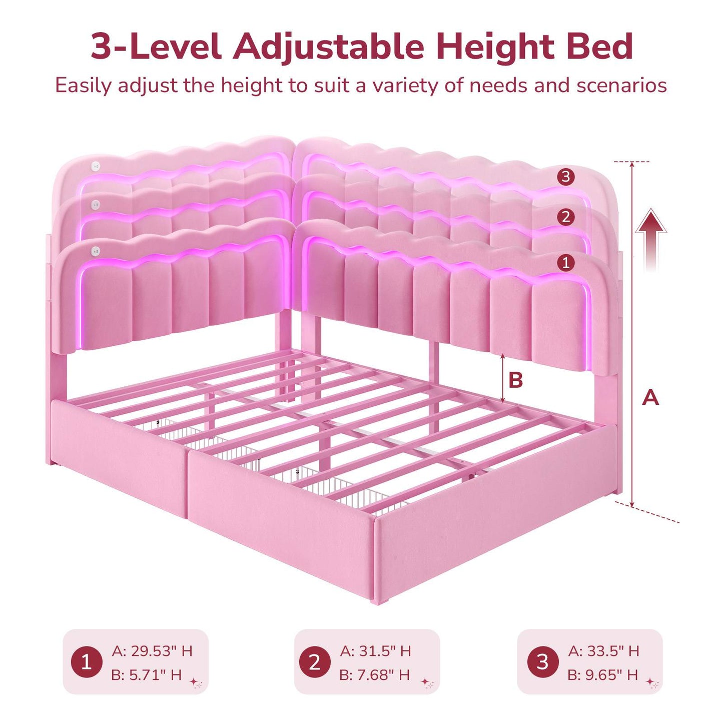 Hasuit | Corner Bed Frame with Storage Drawers and Power Outlets Velvet Upholstered Princess Bed with Adjustable Wavy Headboard and Guardrails