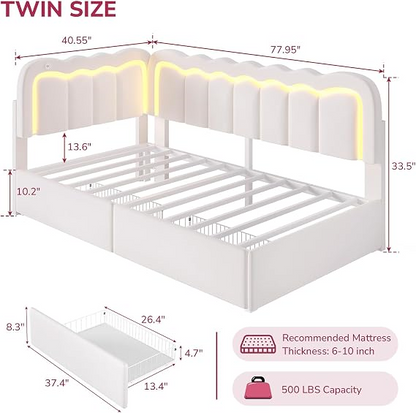 Hasuit | Corner Bed Frame with Storage Drawers and Power Outlets Velvet Upholstered Princess Bed with Adjustable Wavy Headboard and Guardrails Beige