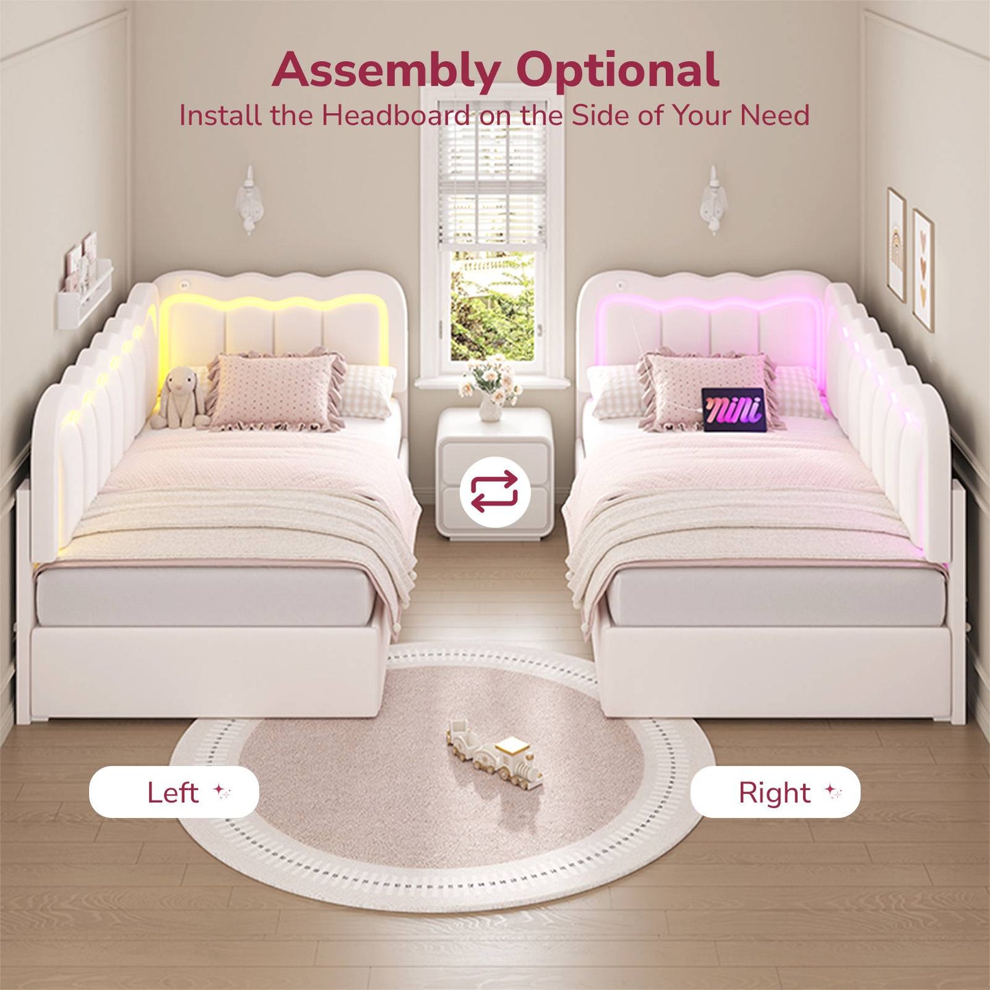 Hasuit | Corner Bed Frame with Storage Drawers and Power Outlets Velvet Upholstered Princess Bed with Adjustable Wavy Headboard and Guardrails Beige