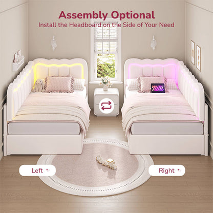 Hasuit | Corner Bed Frame with Storage Drawers and Power Outlets Velvet Upholstered Princess Bed with Adjustable Wavy Headboard and Guardrails Beige