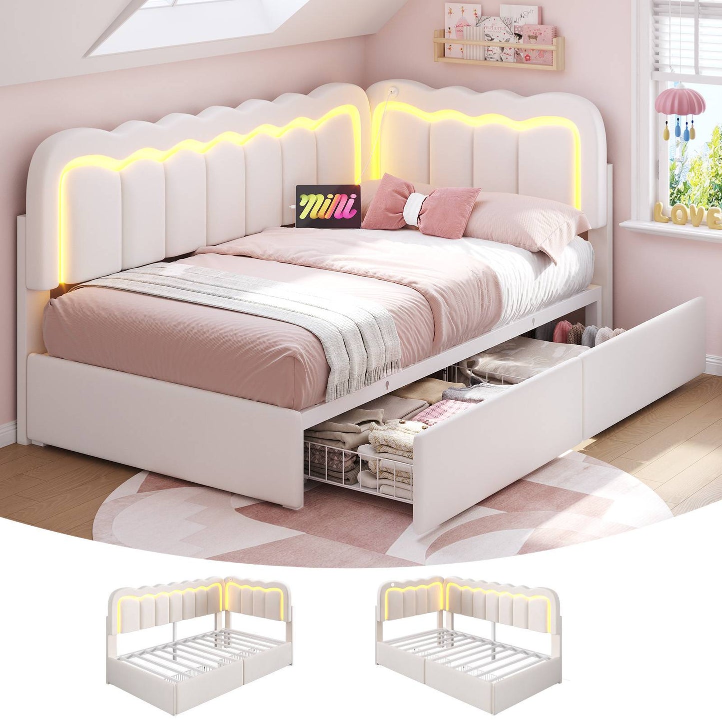 Hasuit | Corner Bed Frame with Storage Drawers and Power Outlets Velvet Upholstered Princess Bed with Adjustable Wavy Headboard and Guardrails Beige